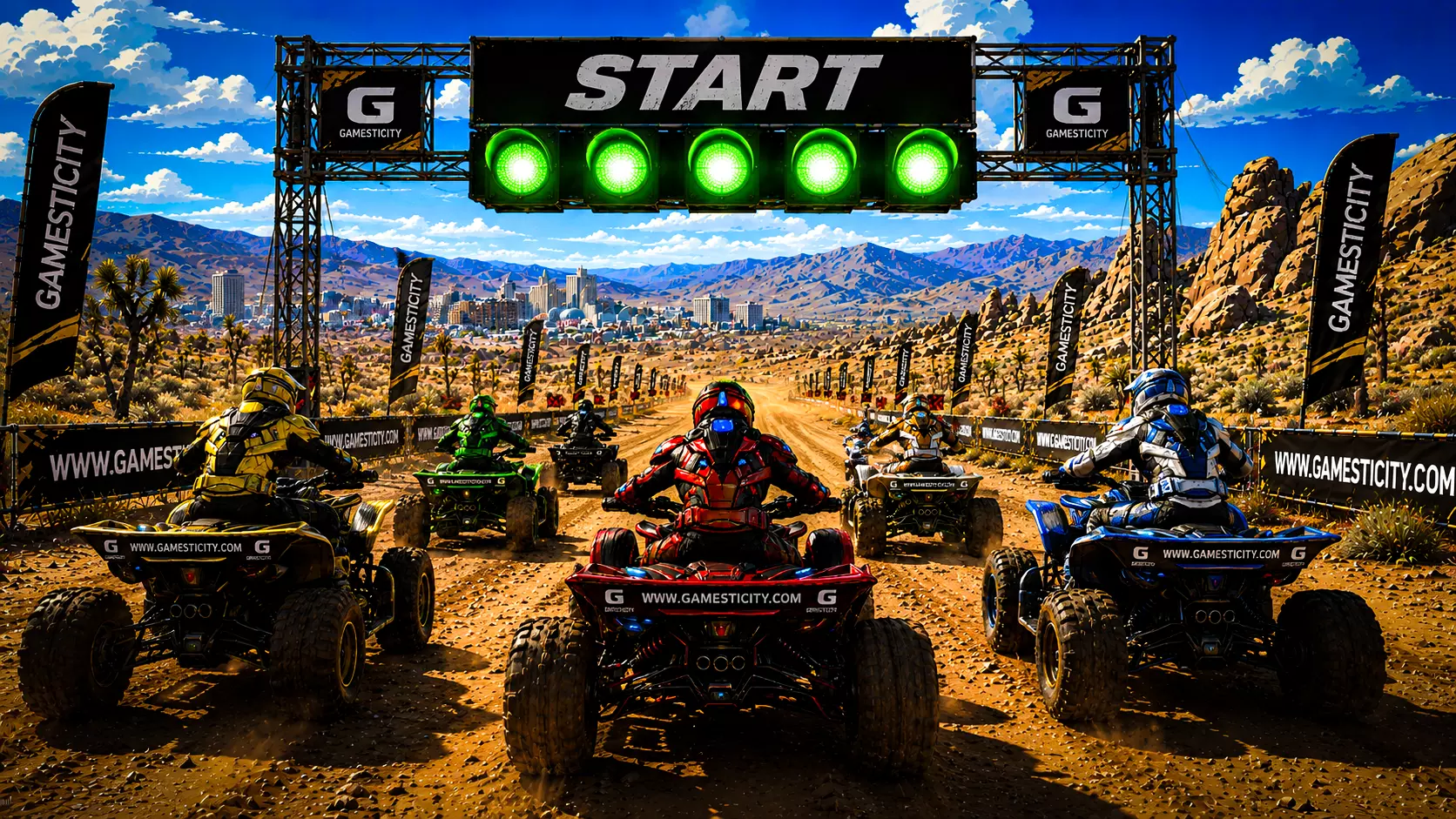 Futuristic ATV racer speeding across an off-road track