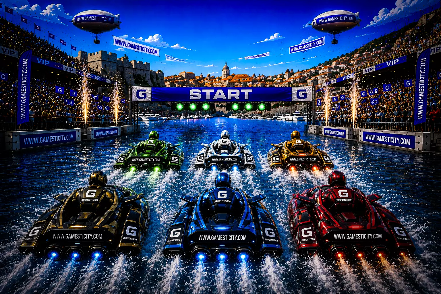 Futuristic power boats racer speeding across various famous places