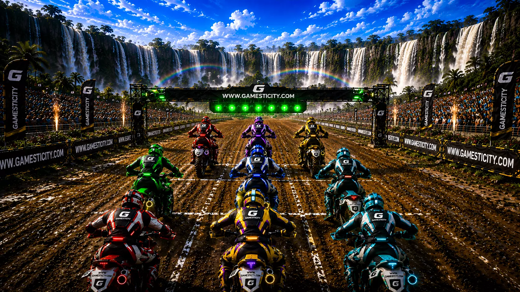 Motocross racing across iconic natural landmarks.